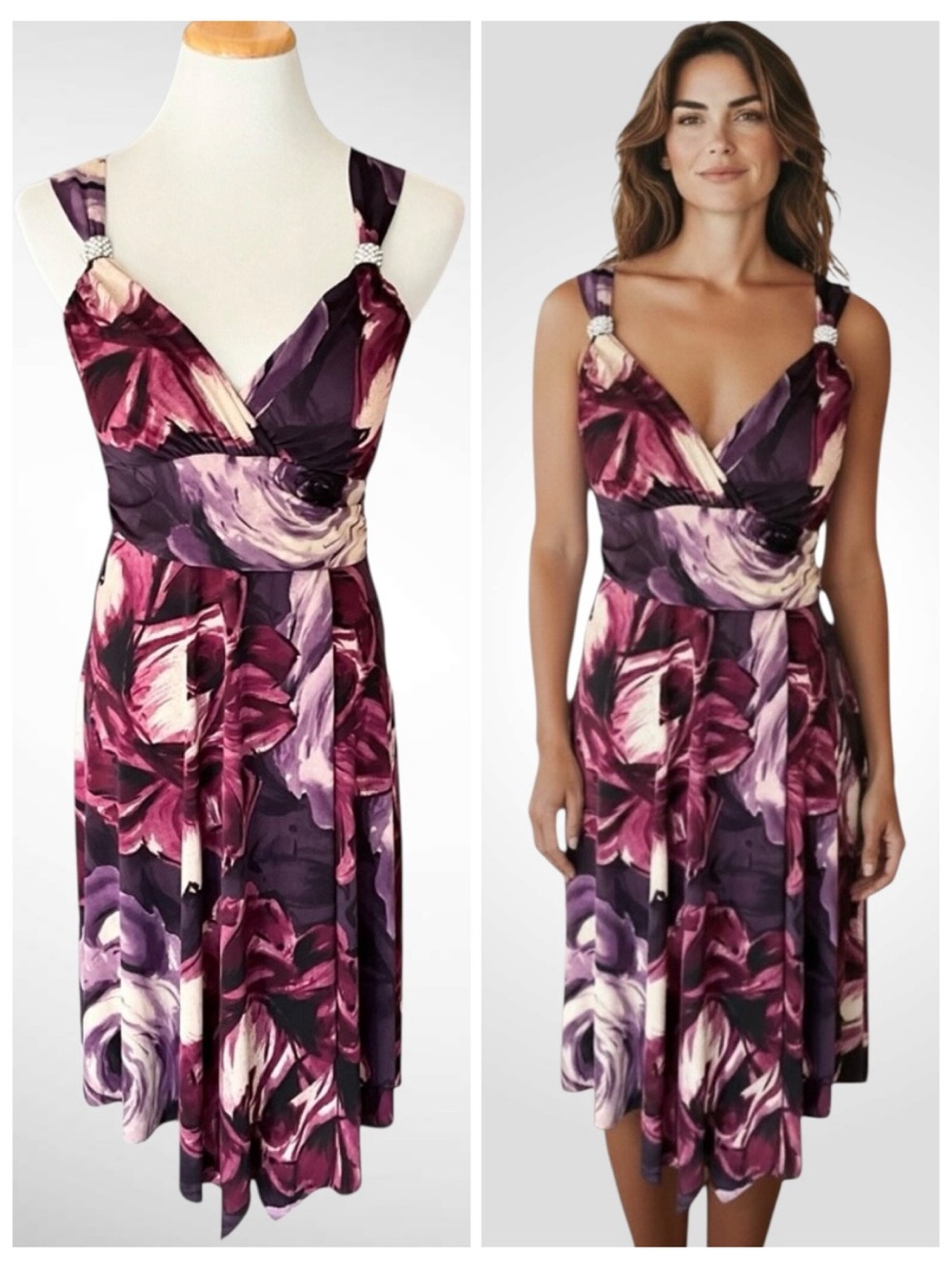 La Belle Halter Style Sleeveless Floral Dress Rhinestone Accents